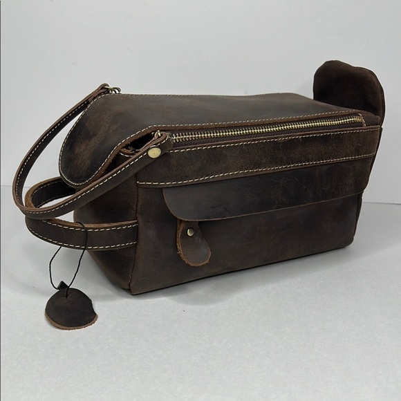 Brown Heavy Duty Leather Double Zipper Dopp Toiletrie Bag - New - Picture 1 of 9